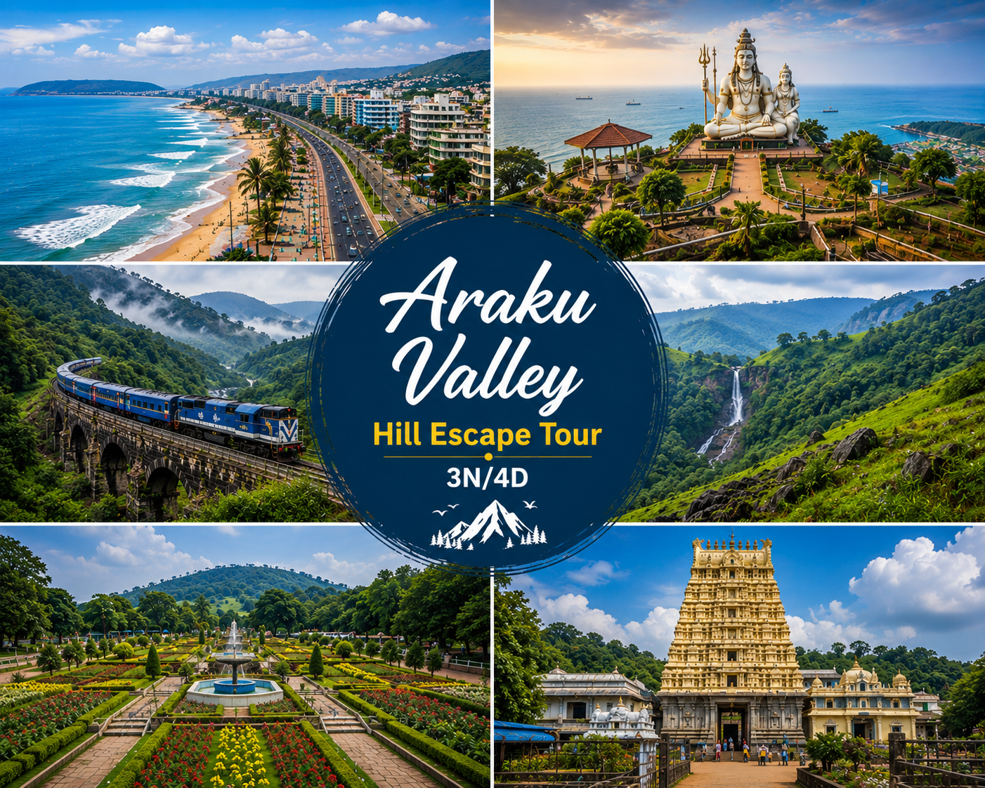 Araku Valley Hill Escape Tour 3N/4D showcasing Visakhapatnam, RK Beach, Kailasagiri Hill Top Park, Araku Valley, Ananthagiri Hills, Padmapuram Gardens, and Simhachalam Temple.