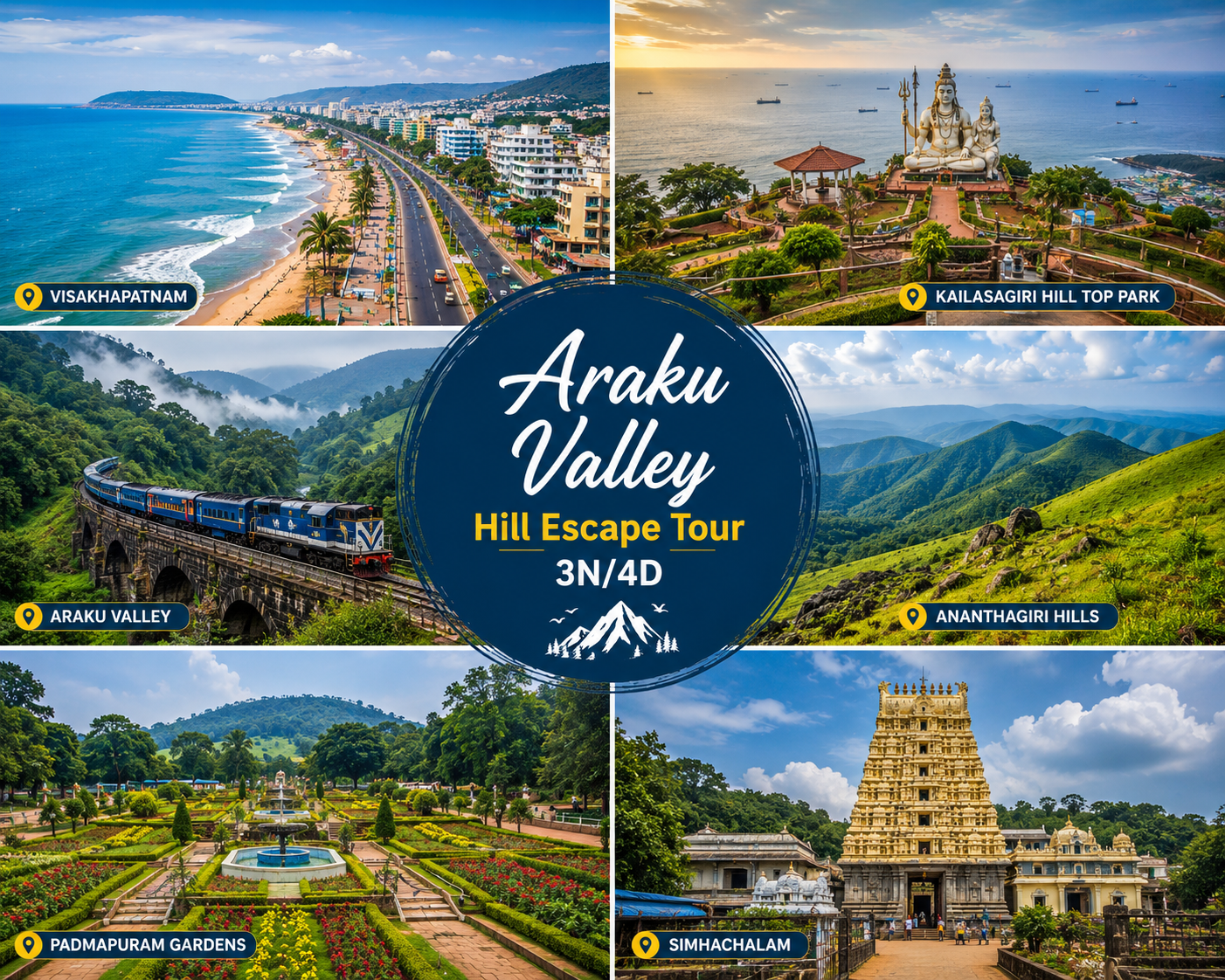 Araku Valley Hill Escape Tour 3N/4D showcasing Visakhapatnam, RK Beach, Kailasagiri Hill Top Park, Araku Valley, Ananthagiri Hills, Padmapuram Gardens, and Simhachalam Temple.