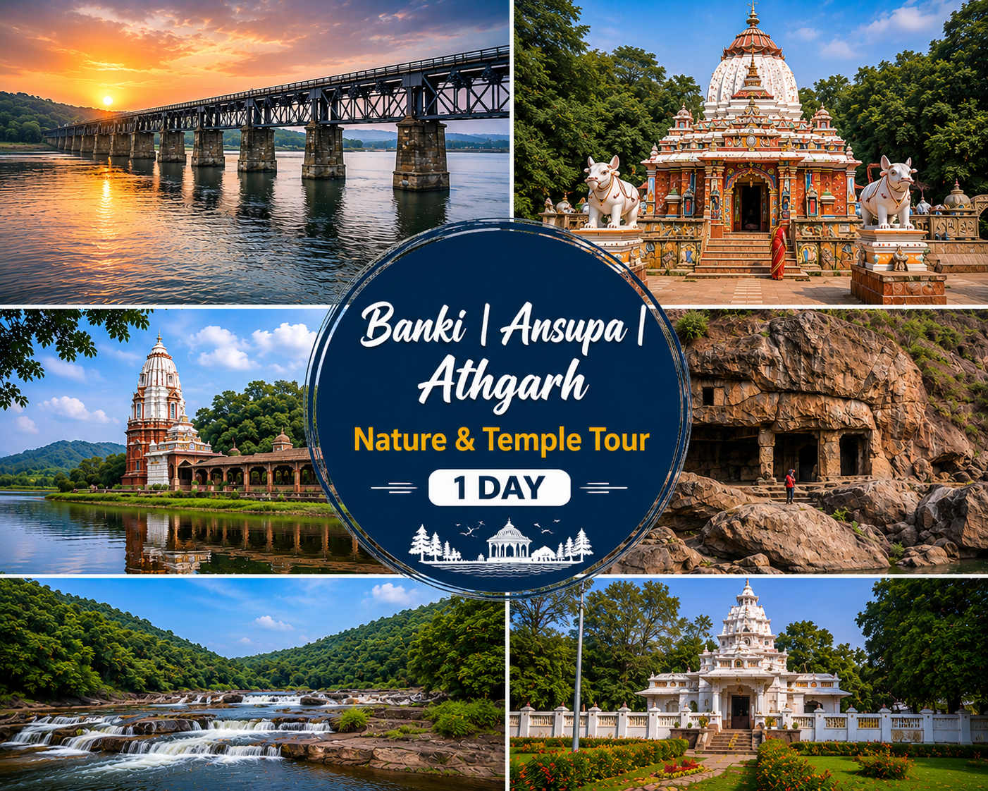 Banki Ansupa Athgarh Nature and Temple Tour showcasing Jobra Barrage T-Bridge, Charchika Temple, Fatehgarh Ram Temple, Pandava Bakhar, Ansupa Lake, and Debi Dwara attractions in Odisha.