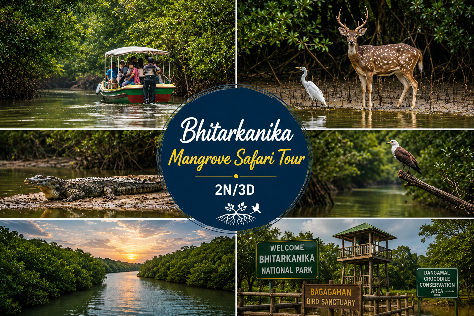 Bhitarkanika Mangrove Safari Tour 2N/3D showcasing mangrove forests, saltwater crocodiles, boat cruises, bird watching, and wildlife adventures in Odisha.