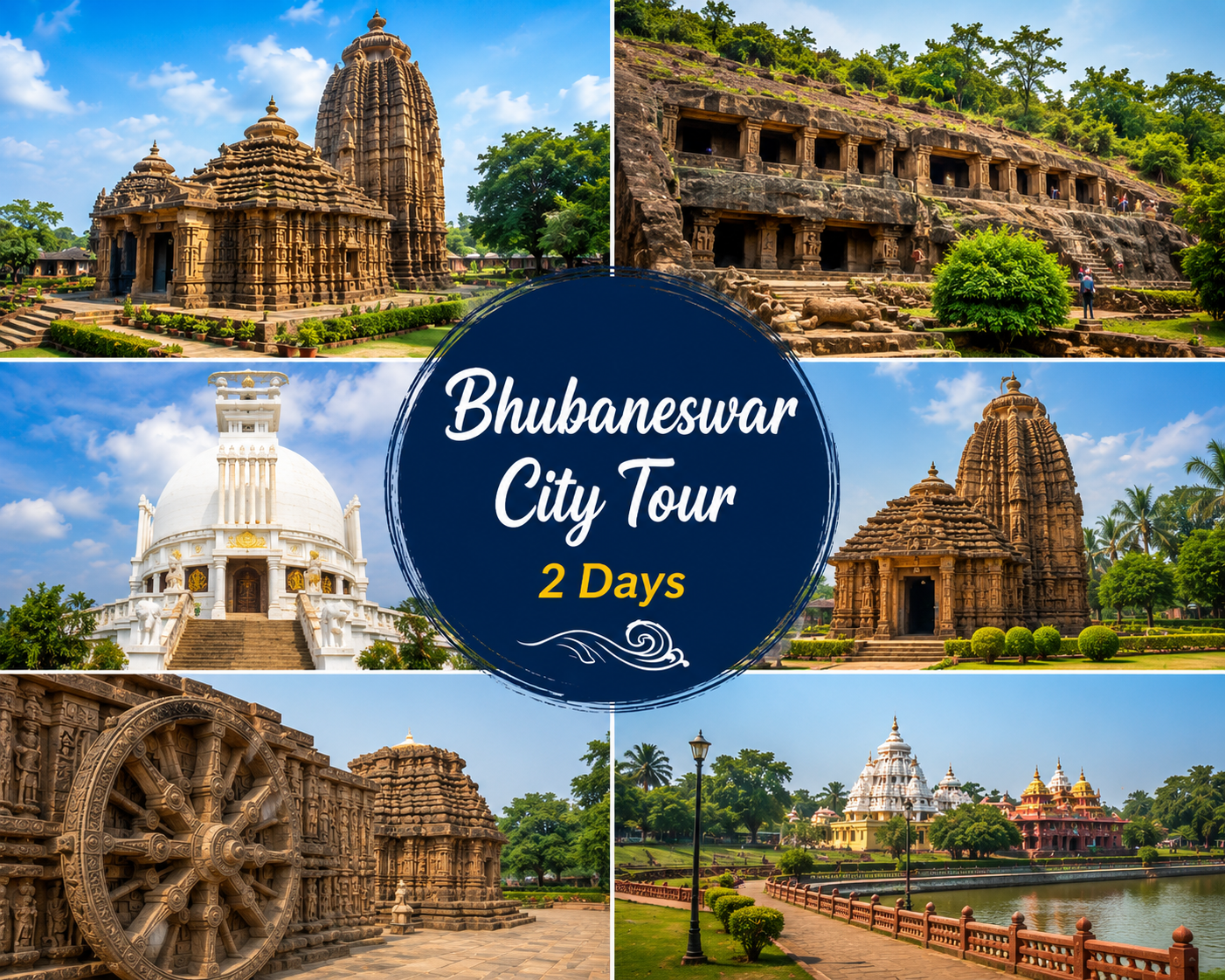 Bhubaneswar City Tour 2 Days showcasing Lingaraj Temple, Mukteswar Temple, Dhauli Peace Pagoda, Udayagiri Khandagiri Caves, Rajarani Temple, and historic attractions in Odisha.
