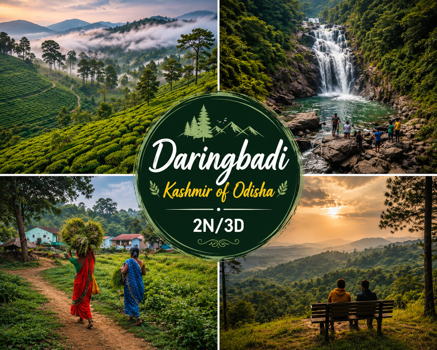Daringbadi Kashmir of Odisha Tour 2N/3D showcasing pine forests, coffee plantations, hill viewpoints, waterfalls, tribal villages, and nature attractions in Kandhamal district, Odisha.