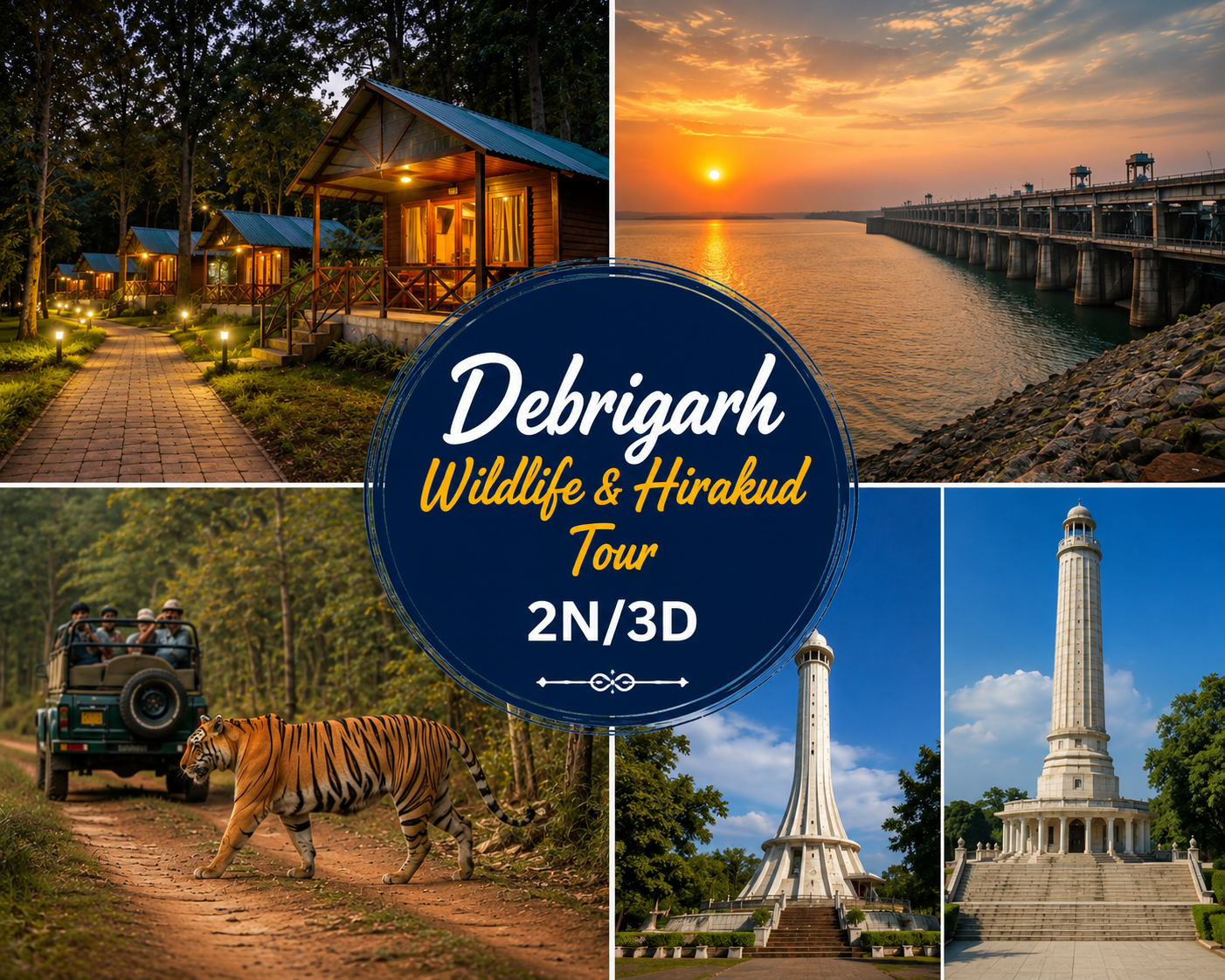 Debrigarh Wildlife and Hirakud Tour 2N/3D showcasing Debrigarh Nature Camp, jungle safari, tiger reserve landscape, Hirakud Reservoir, Hirakud Dam, Gandhi Minar, and Nehru Minar in Odisha.