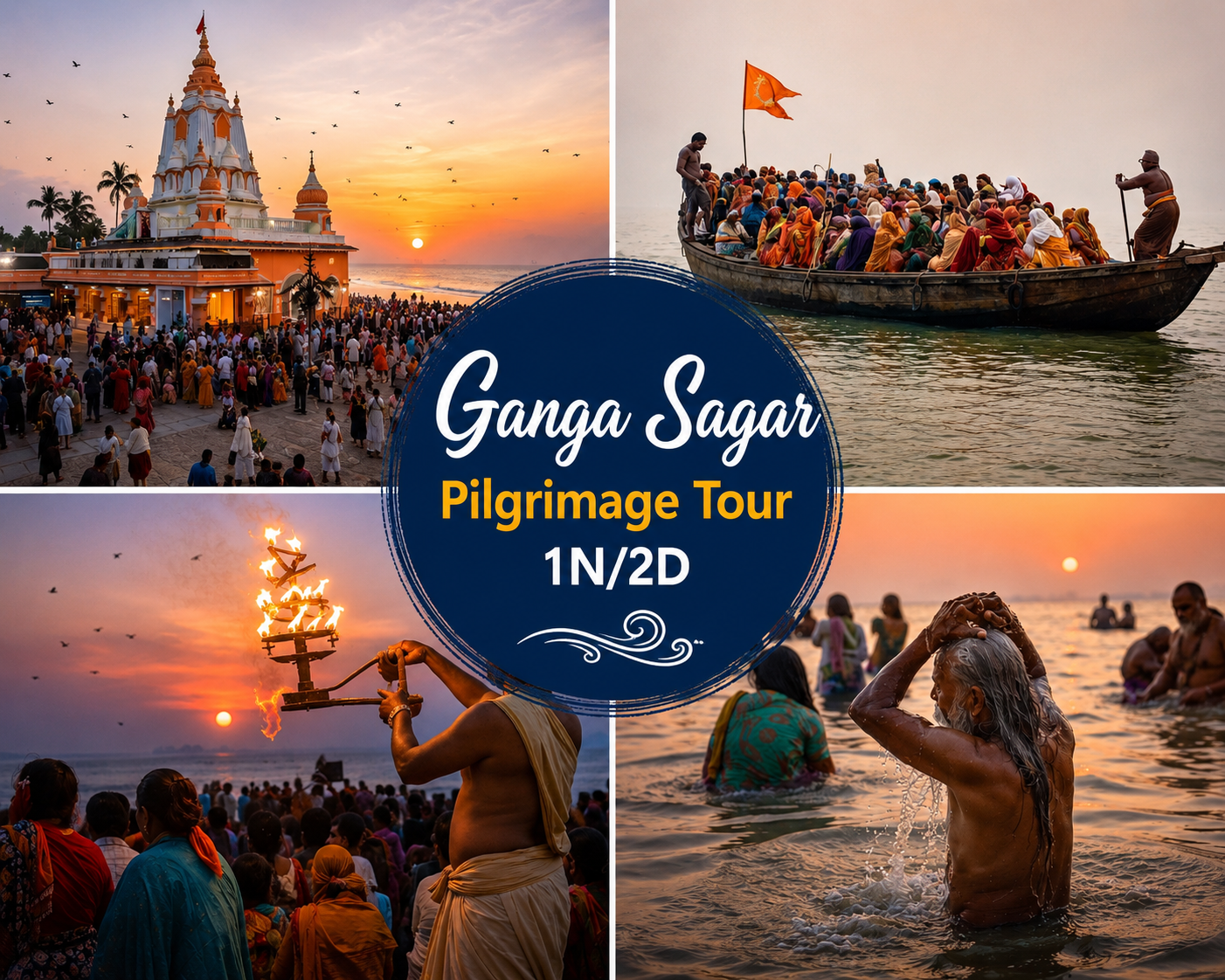 Ganga Sagar Pilgrimage Tour 1N/2D showcasing Kapil Muni Temple, Sagar Island, pilgrim ferry crossing, Ganga Aarti, holy bathing rituals, and spiritual experiences in West Bengal.