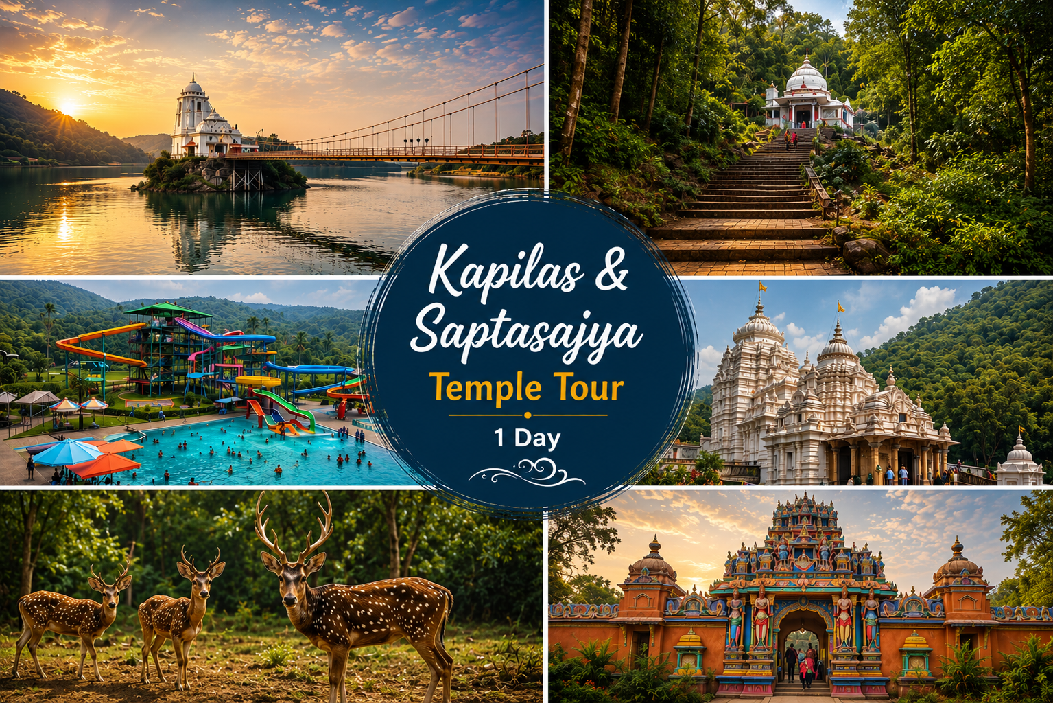 Kapilas and Saptasajya Temple Tour 1 Day package showcasing Kapilas Temple, Saptasajya Temple, Deer Park, Saptasajya Water Park, and spiritual destinations in Odisha.