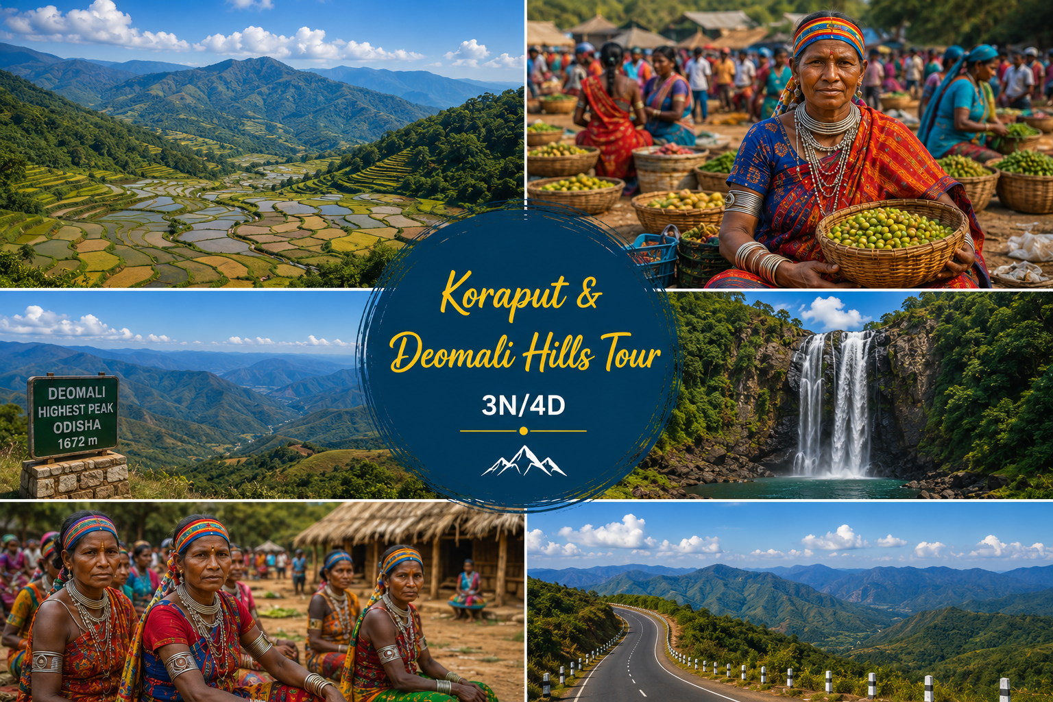 Koraput and Deomali Hills tour featuring terraced valleys, tribal culture, hilltop viewpoints, Duduma Waterfall, and scenic landscapes in Odisha.