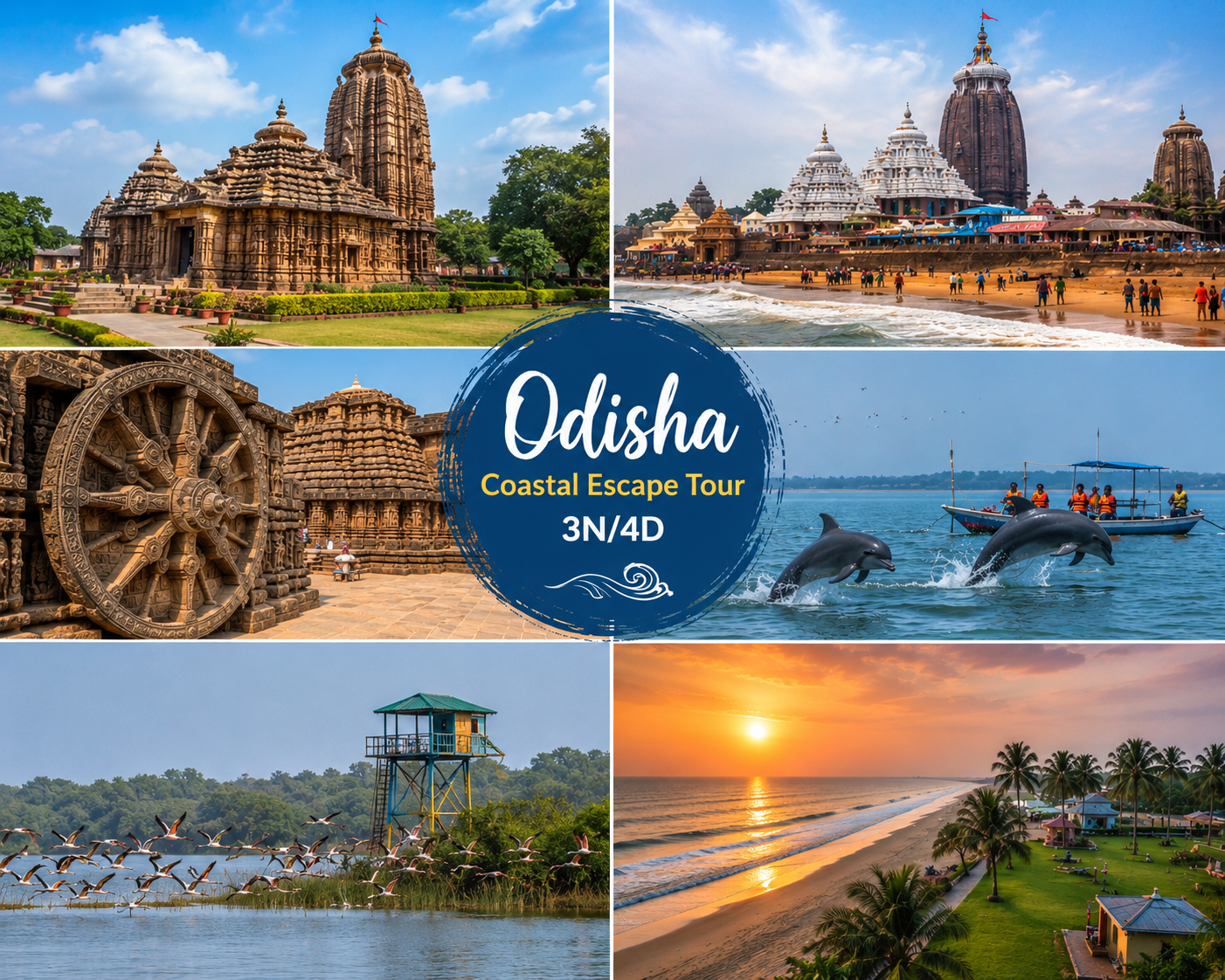 Odisha Coastal Escape Tour featuring Bhubaneswar temples, Jagannath Temple Puri, Konark Sun Temple, Chilika Lake dolphins, and Gopalpur Beach.