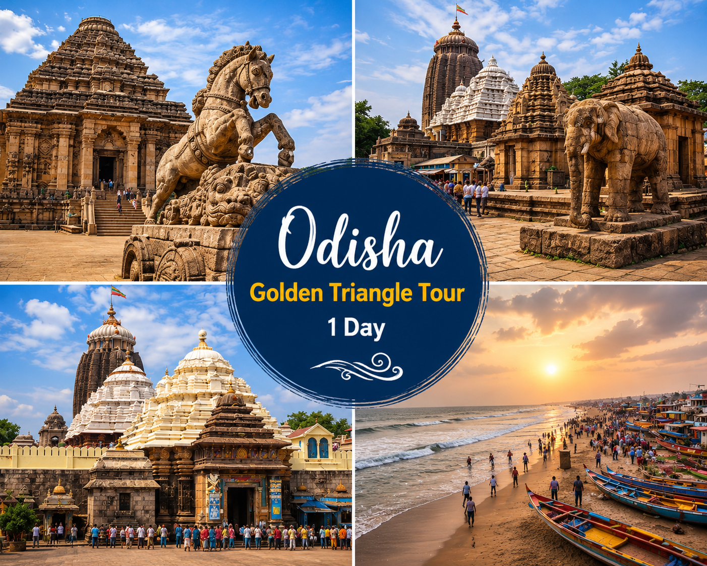 Odisha Golden Triangle Tour 1 Day showcasing Konark Sun Temple, Jagannath Temple Puri, Puri Beach, and cultural heritage destinations in Odisha.