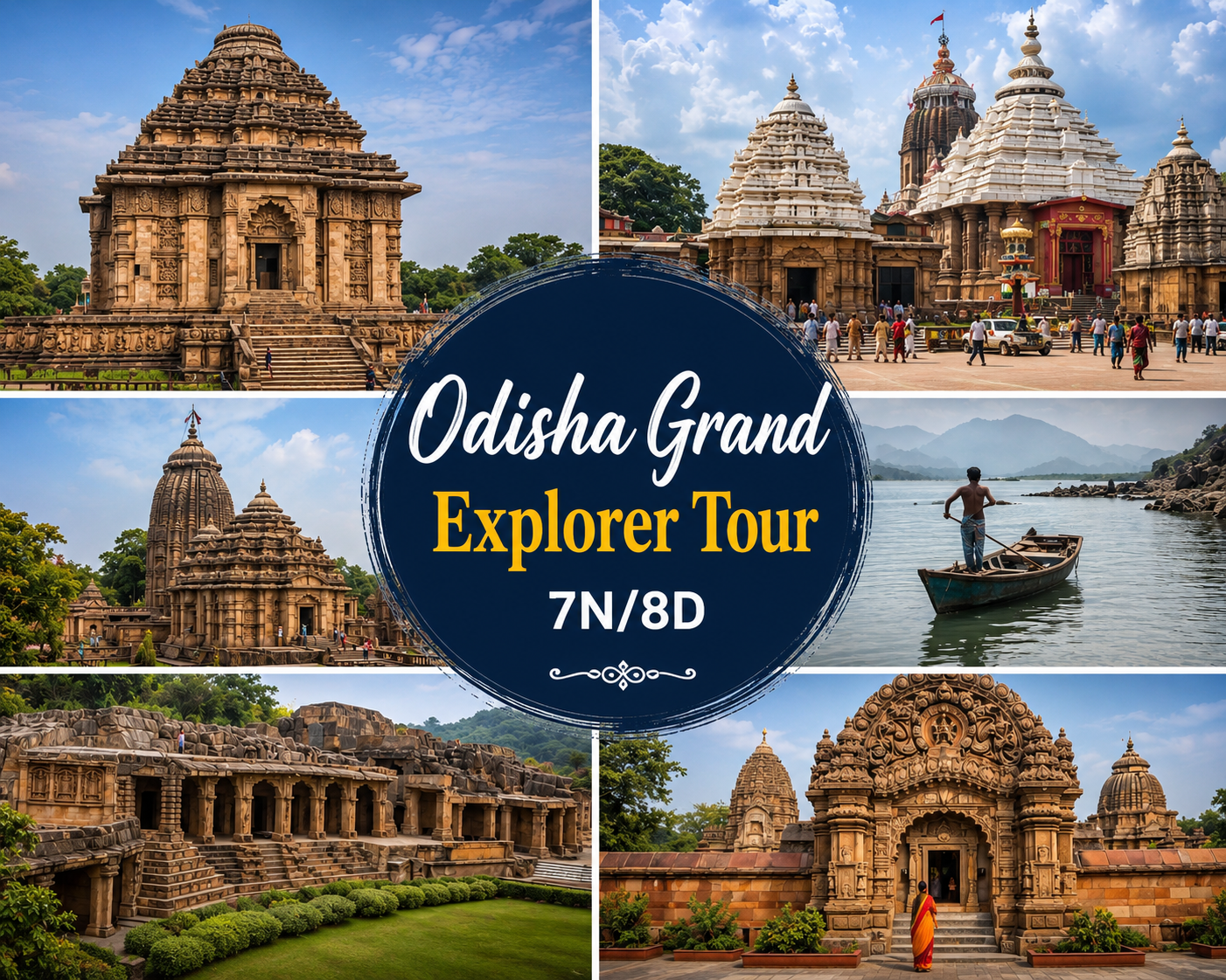 Odisha Grand Explorer Tour 7N/8D showcasing Bhubaneswar temples, Jagannath Temple Puri, Mukteswar Temple, Lingaraj Temple, Udayagiri Khandagiri Caves, heritage monuments, and Odisha cultural attractions.