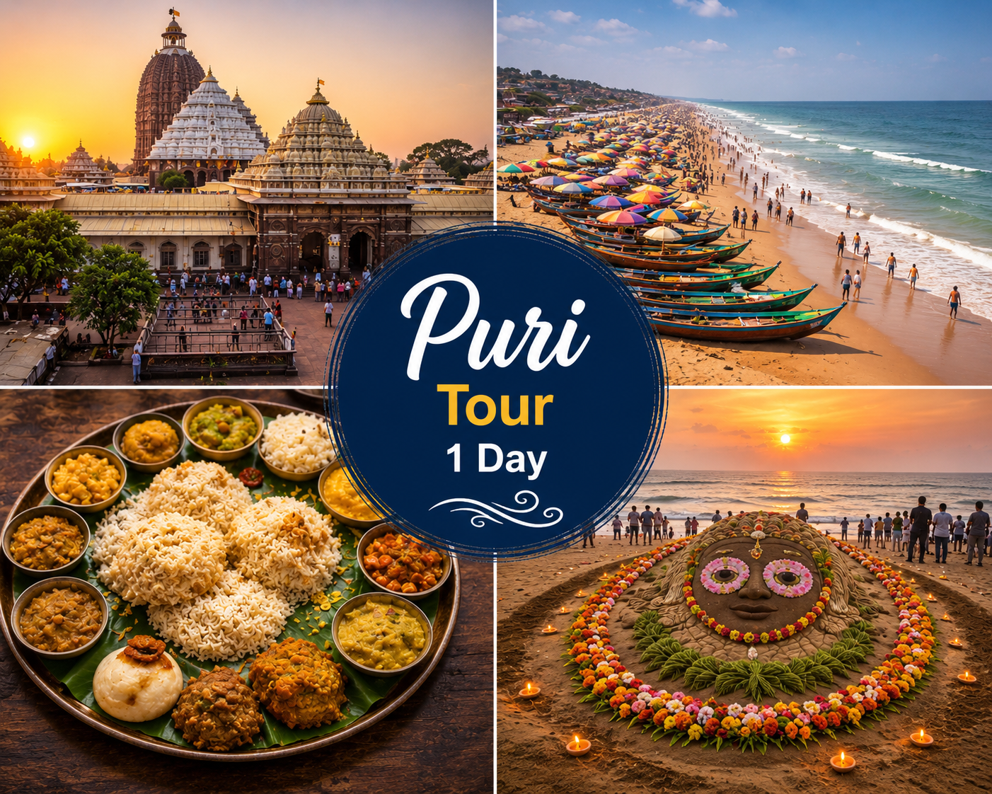 Puri Tour 1 Day showcasing Jagannath Temple Puri, Puri Beach, traditional Mahaprasad, sand art, and cultural attractions in Odisha.