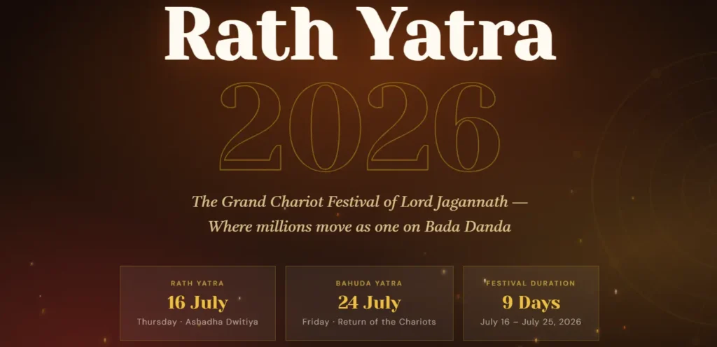 alt="Vibrant Puri Rath Yatra 2026 celebration with all three chariots, temple spire, and crowd - OdishaRide complete logistics guide"