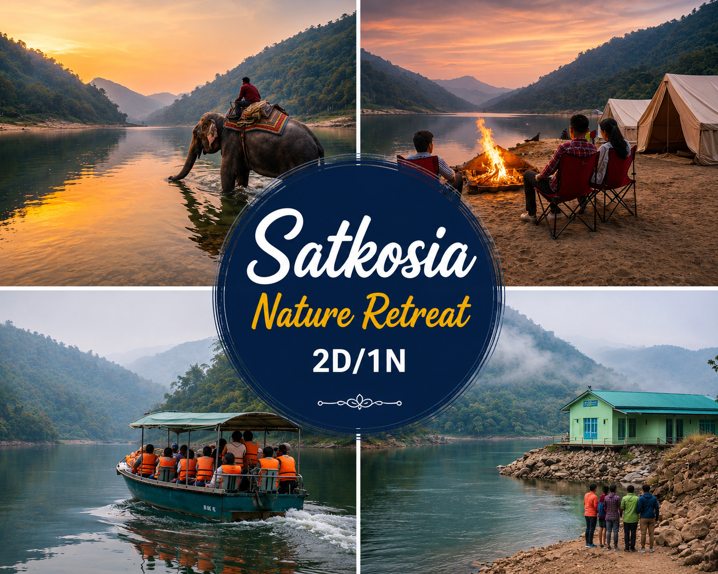 Satkosia Nature Retreat 2D/1N showcasing elephant experience, riverside camping, boat safari on the Mahanadi River, eco-tourism cottages, wildlife, and Satkosia Gorge in Odisha.