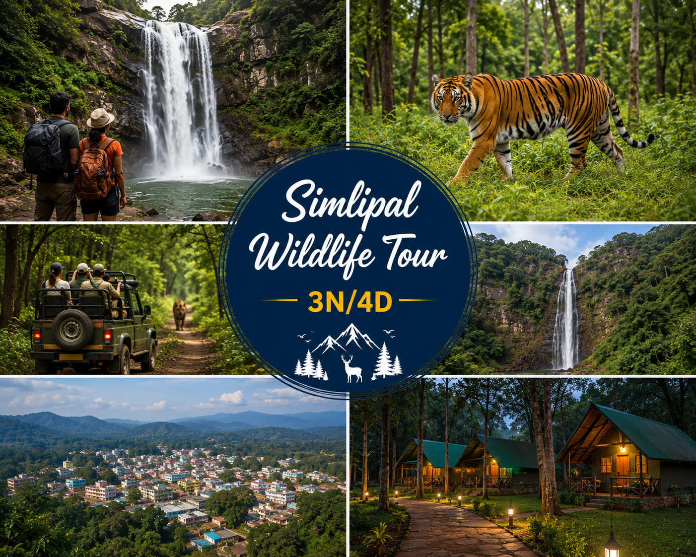 Simlipal Wildlife Tour 3N/4D showcasing Simlipal National Park, Barehipani Waterfall, Joranda Waterfall, tiger reserve safari, Baripada, and eco nature camp stay in Odisha.